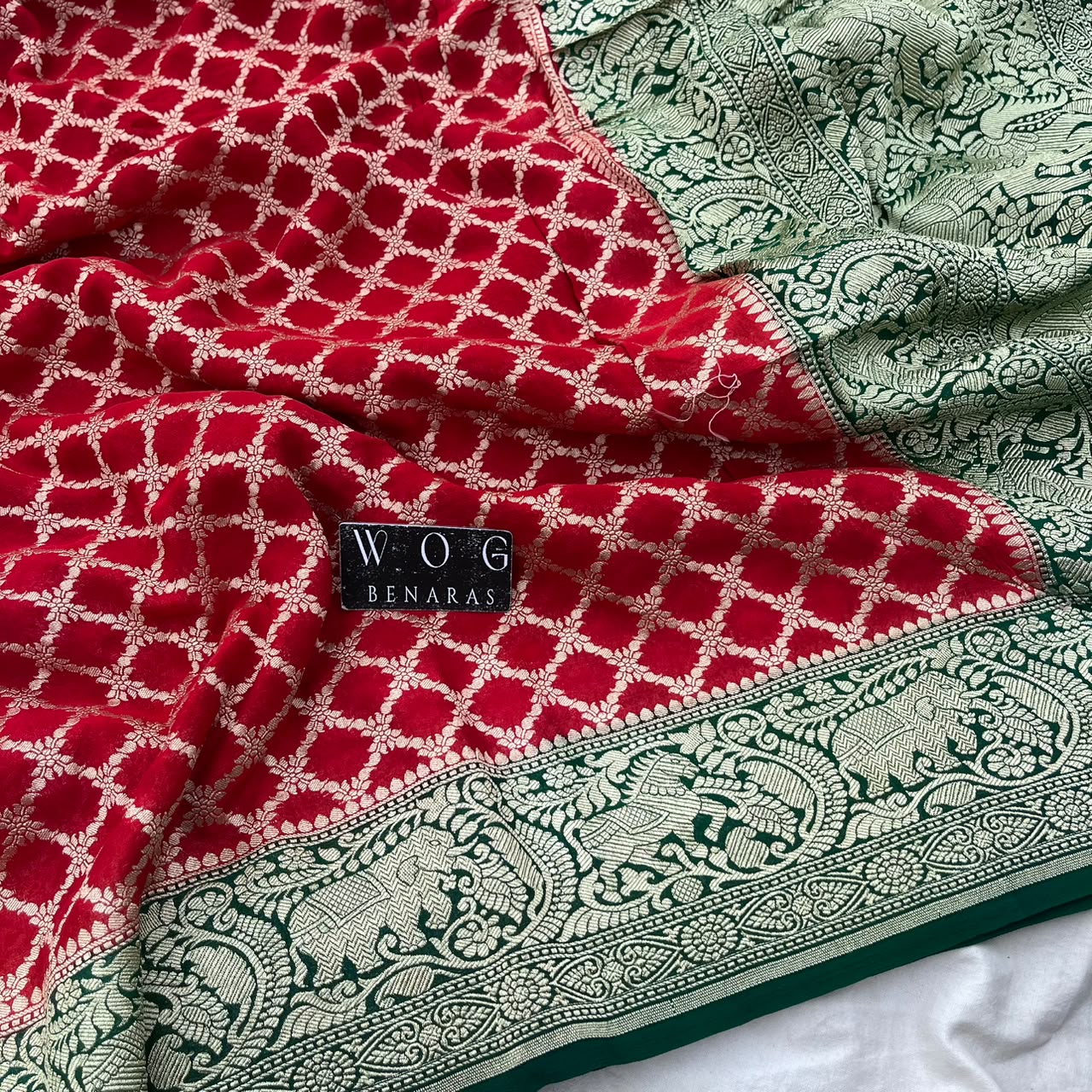 RED&GREEN PURE KHADDI GEORGETTE SAREE