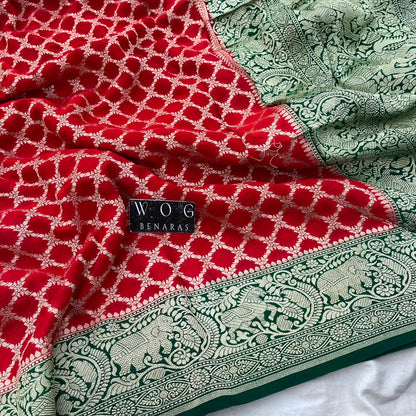 RED&GREEN PURE KHADDI GEORGETTE SAREE
