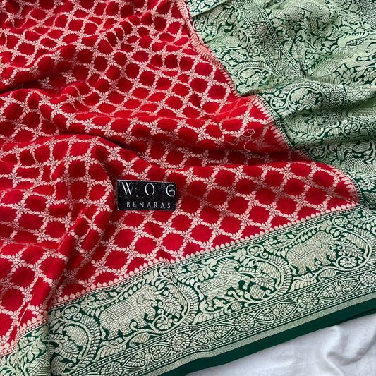 RED&GREEN PURE KHADDI GEORGETTE SAREE