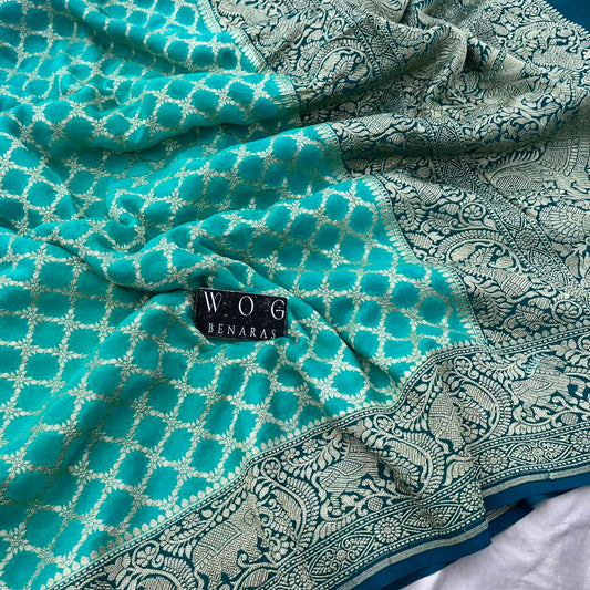 AQUA BLUE&TURQUOISE PURE KHADDI GEORGETTE SAREE