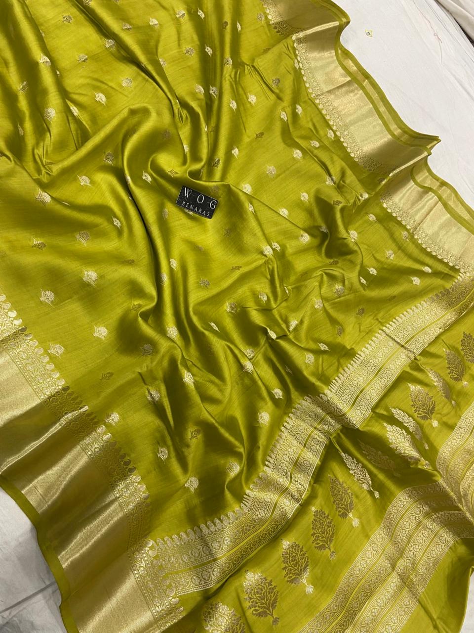 DHANI YELLOW PURE CHINIYA SILK BUTI SAREE