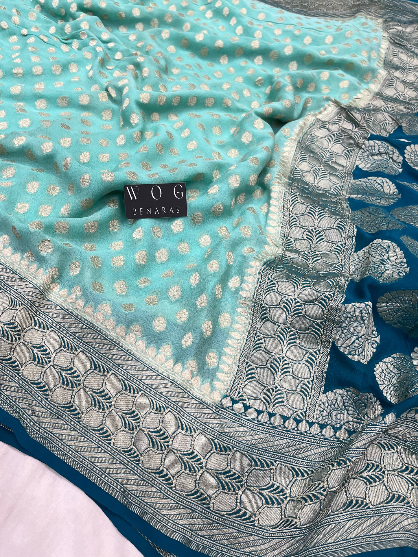 Khaddi Georgette Buti Saree In Aqua Blue