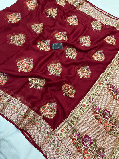 Pure Crep Meenakari Buta in Mehroon