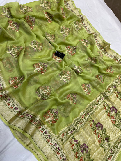 Pure Crep Meenakari Buta in Lime Green