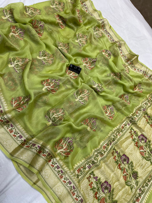 Pure Crep Meenakari Buta in Lime Green