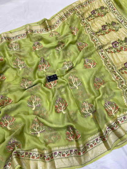 Pure Crep Meenakari Buta in Lime Green