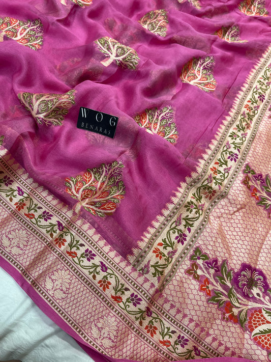 Pure Crep Meenakari Buta in Pink
