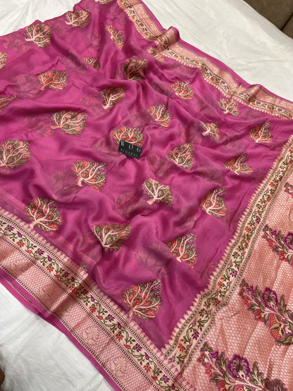 Pure Crep Meenakari Buta in Pink