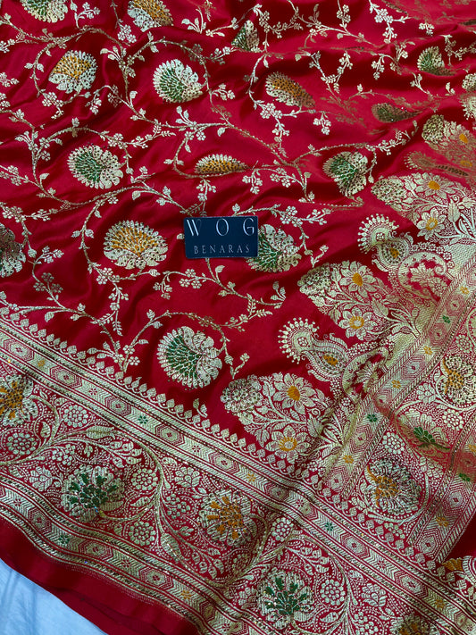 A Bridal Red Banarasi Meenakari jall with Handwork