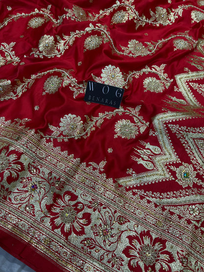 A Bridal Red Banarasi Ada Saree with Jardozi work
