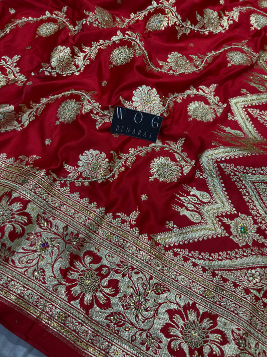 A Bridal Red Banarasi Ada Saree with Jardozi work