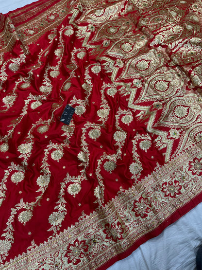 A Bridal Red Banarasi Ada Saree with Jardozi work