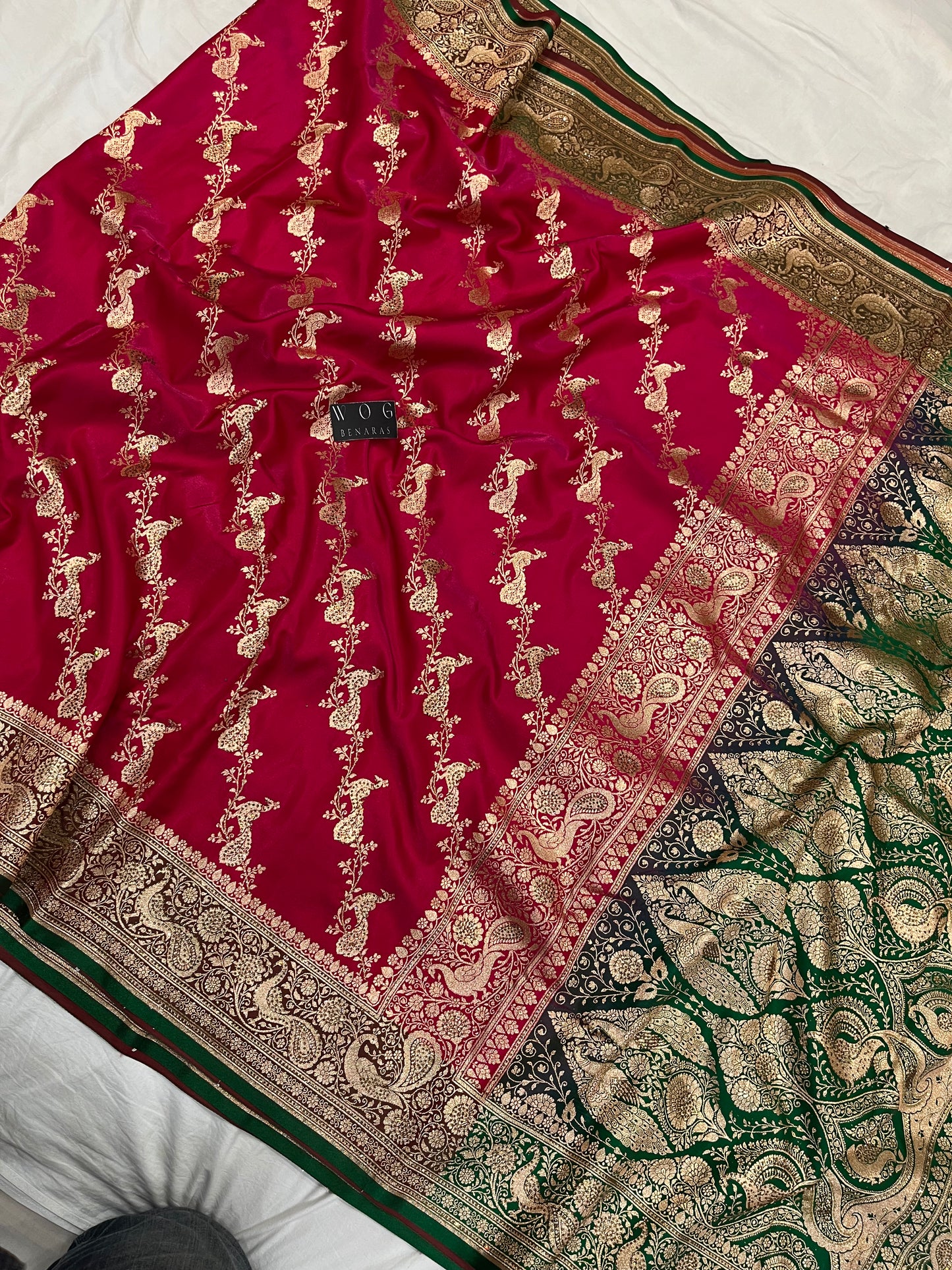 A Bridal Rani Banarasi Mayur Ada Saree with Handwork