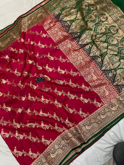 A Bridal Rani Banarasi Mayur Ada Saree with Handwork