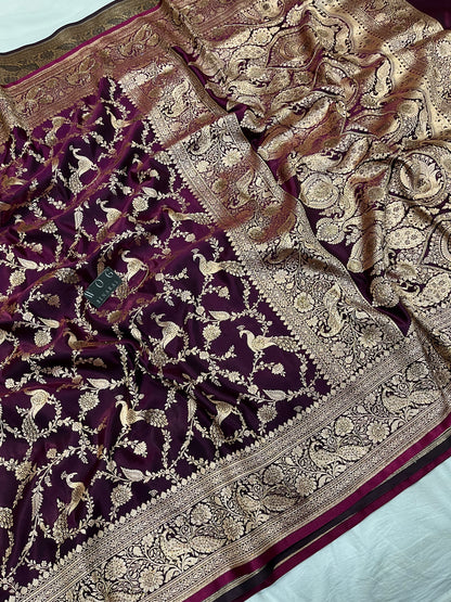 A Bridal Purple Banarasi Mayur Jall Saree with Handwork