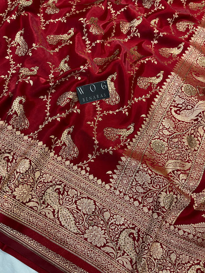 A Bridal Mehroon Banarasi Mayur jall with Handwork