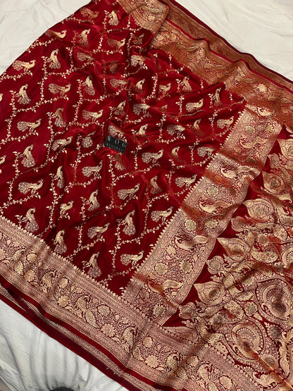 A Bridal Mehroon Banarasi Mayur jall with Handwork