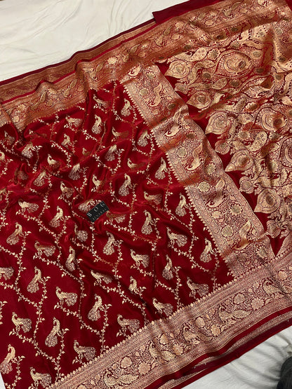 A Bridal Mehroon Banarasi Mayur jall with Handwork
