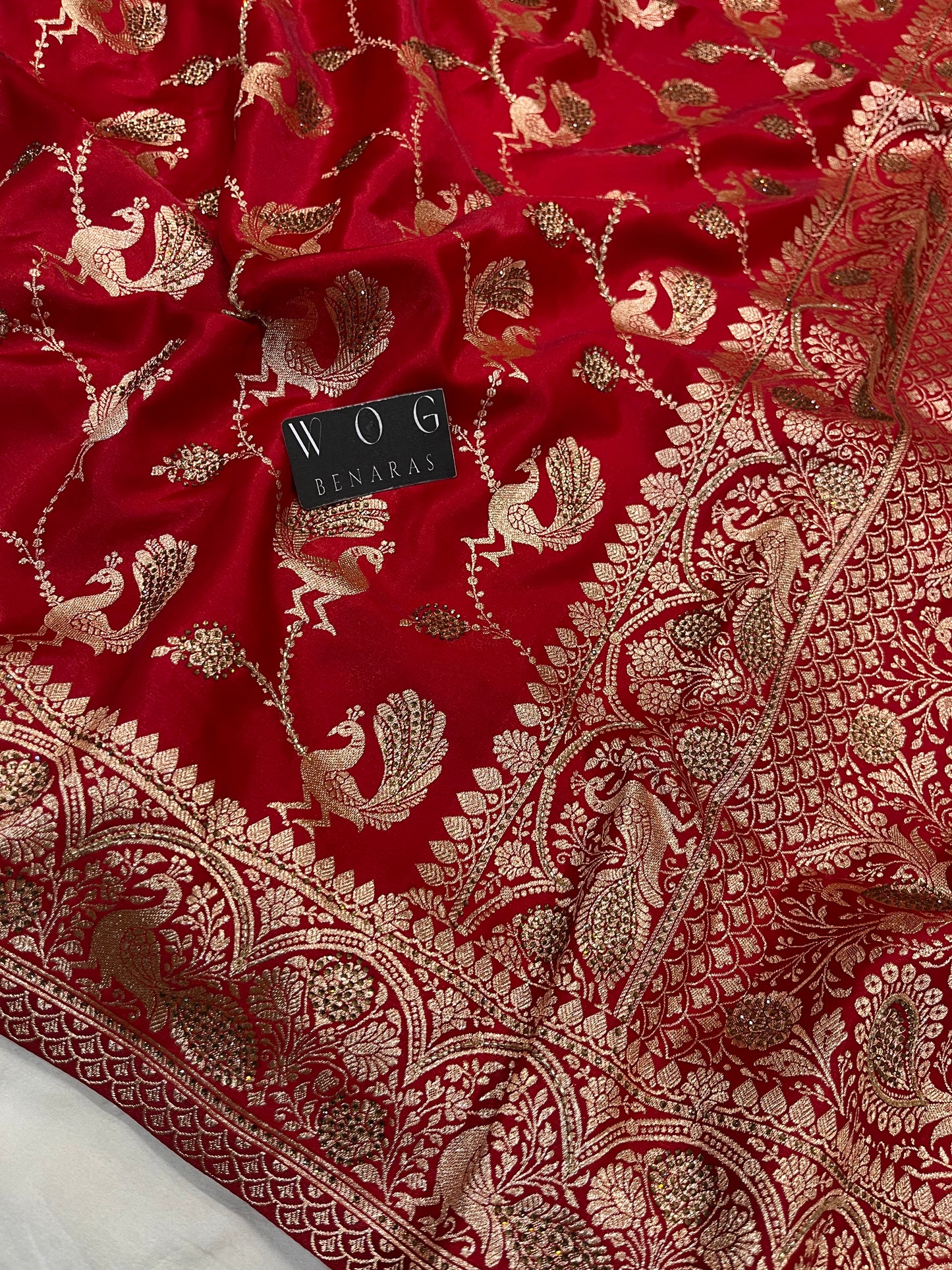 A Bridal Red Banarasi Mayur jall with Handwork