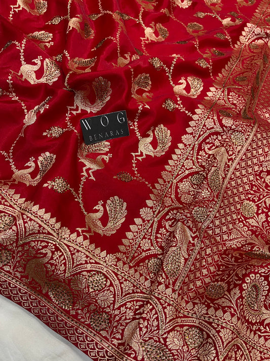 A Bridal Red Banarasi Mayur jall with Handwork