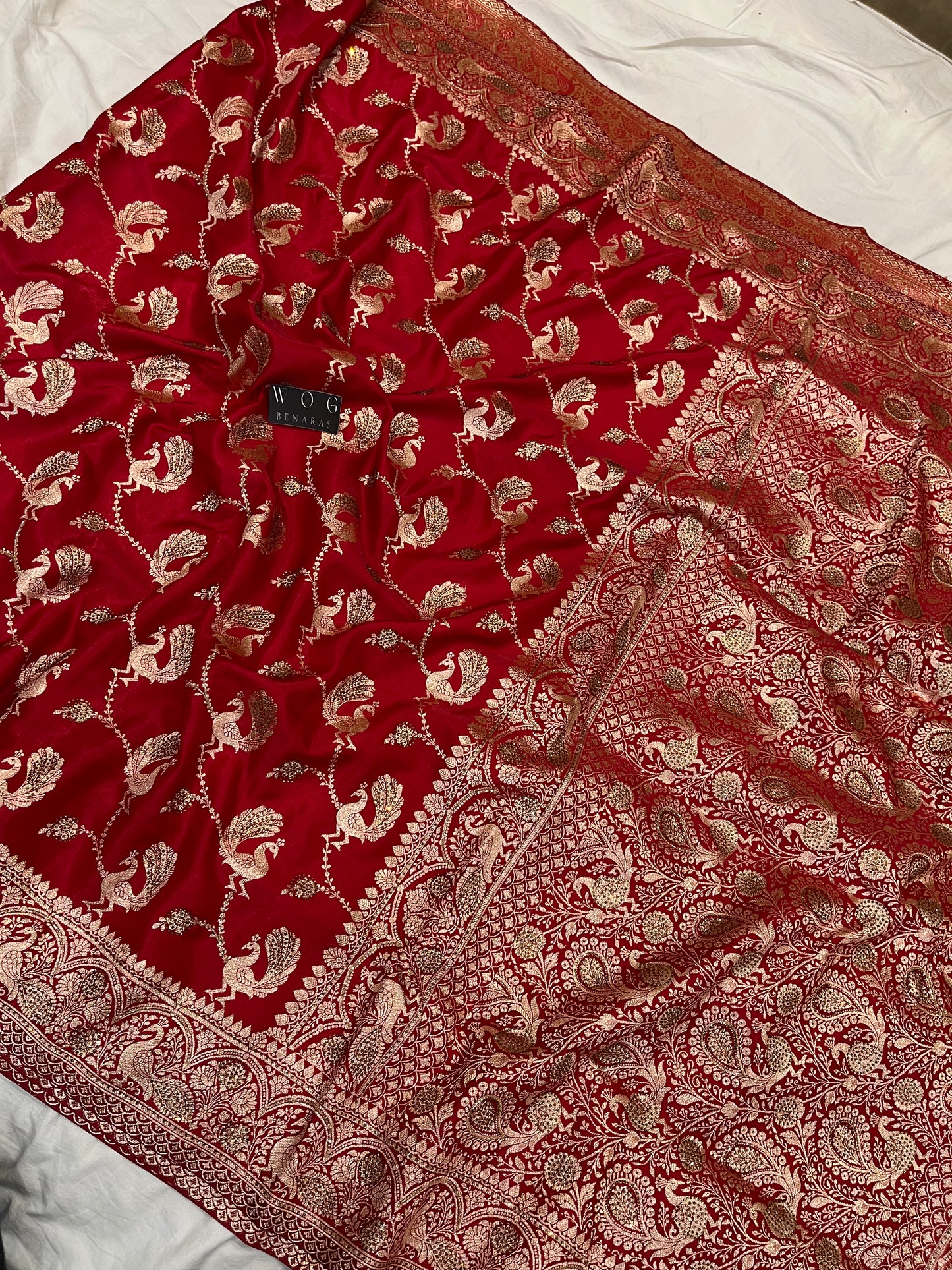 A Bridal Red Banarasi Mayur jall with Handwork