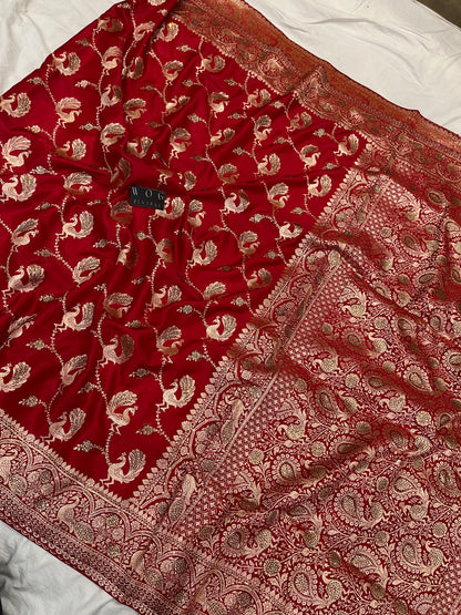 A Bridal Red Banarasi Mayur jall with Handwork
