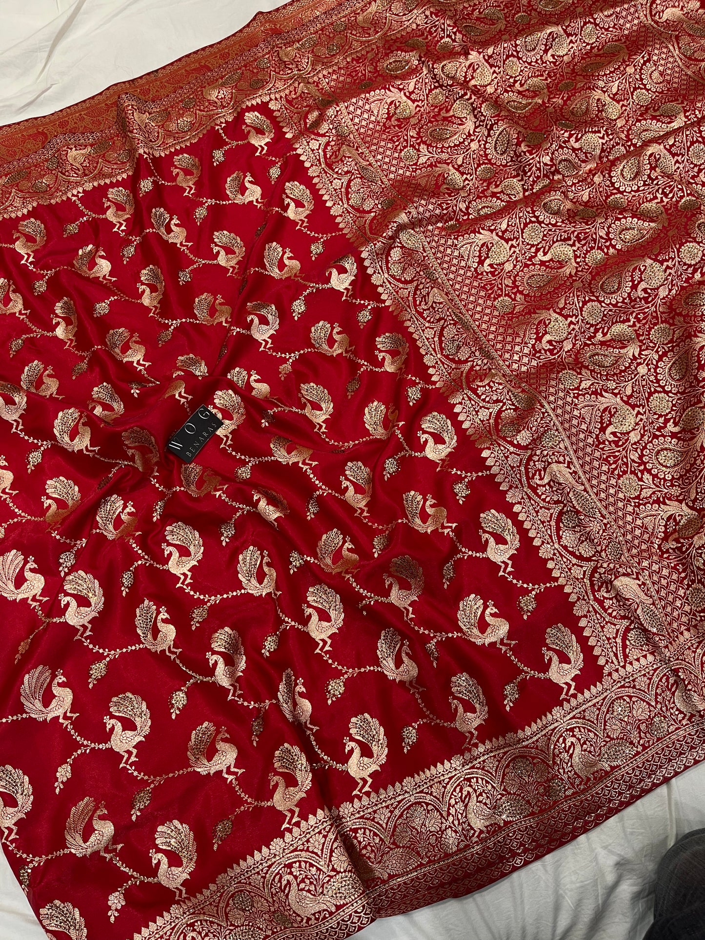 A Bridal Red Banarasi Mayur jall with Handwork