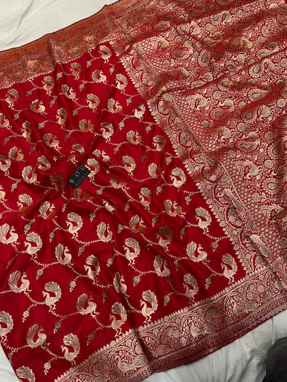 A Bridal Red Banarasi Mayur jall with Handwork