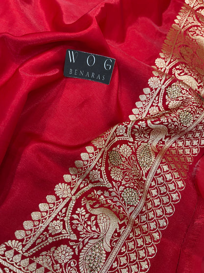 A Bridal Red Banarasi Mayur jall with Handwork