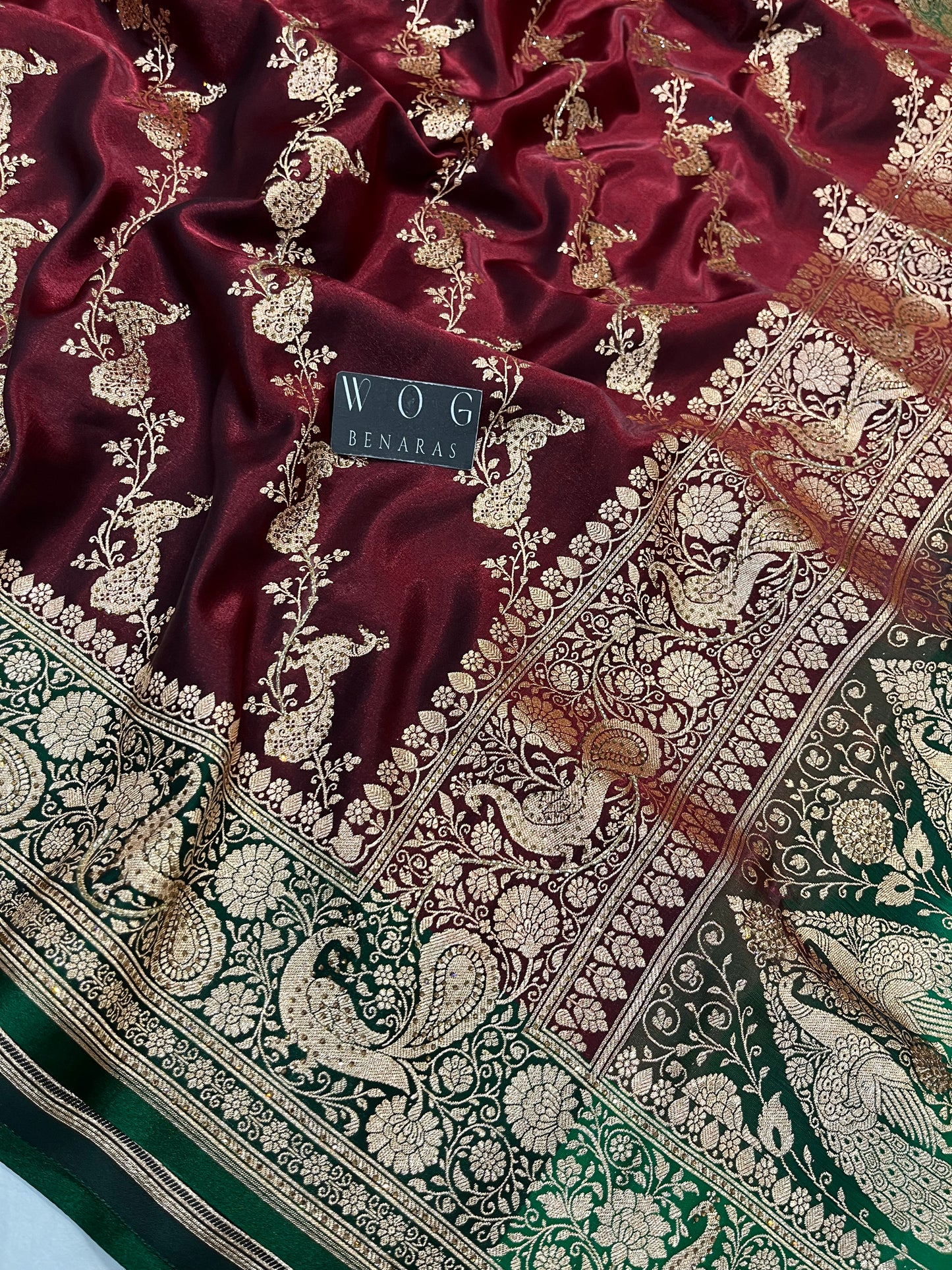 A Bridal Mehroon Banarasi Mayur Ada with Handwork