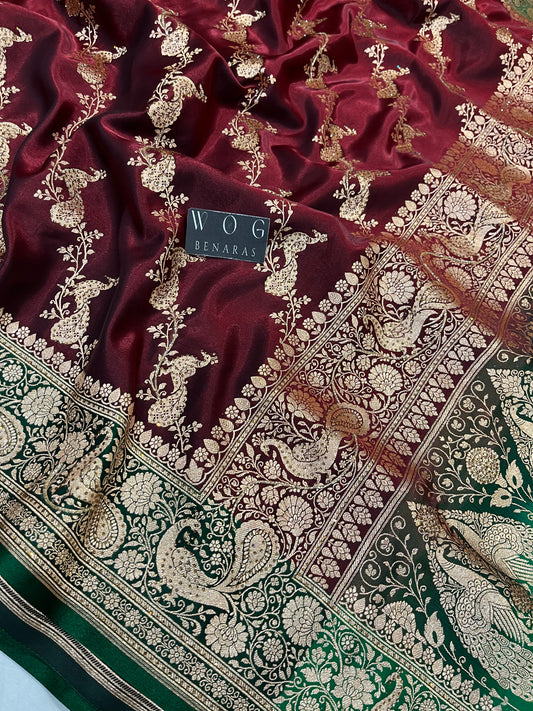A Bridal Mehroon Banarasi Mayur Ada with Handwork