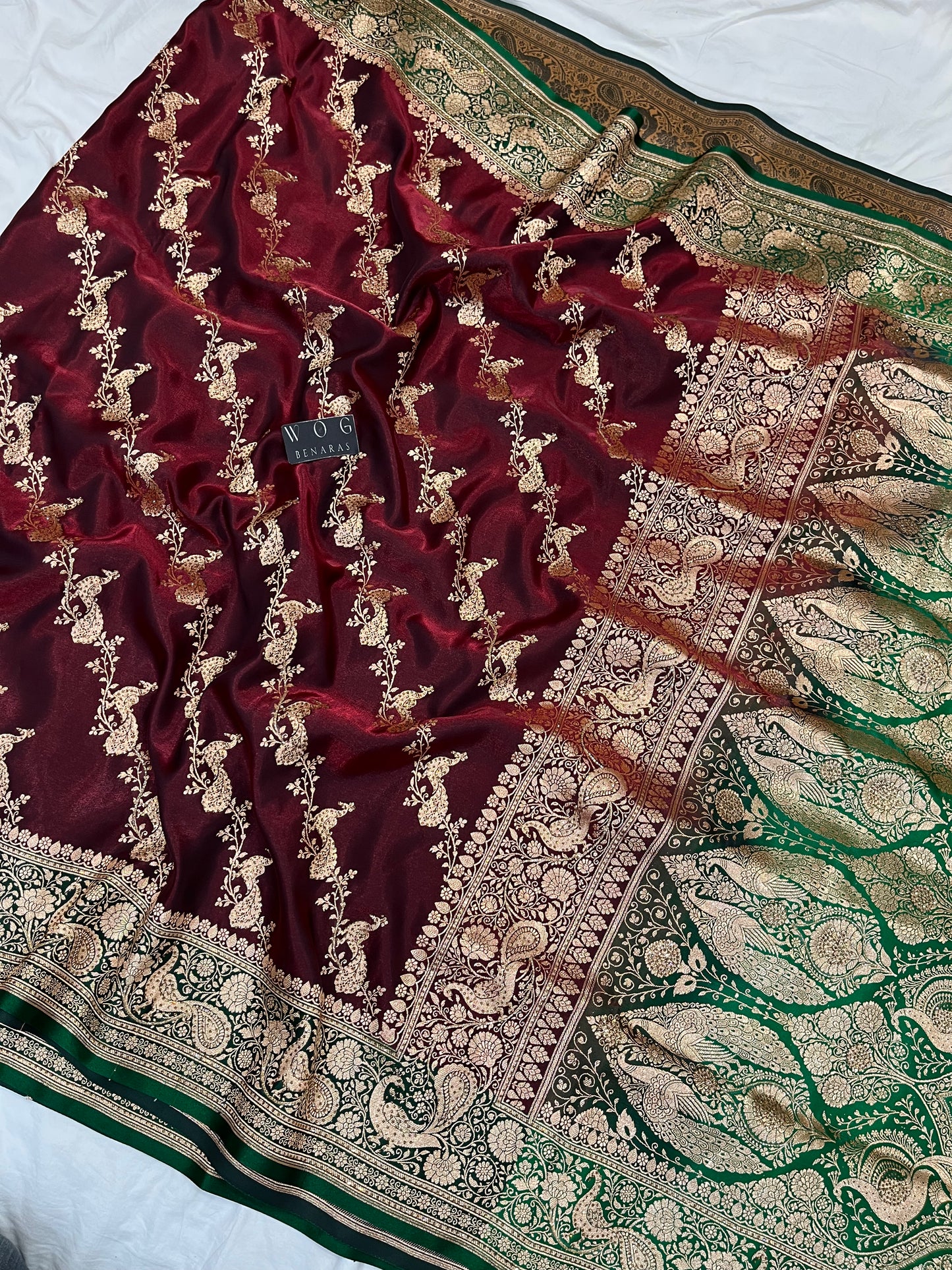 A Bridal Mehroon Banarasi Mayur Ada with Handwork