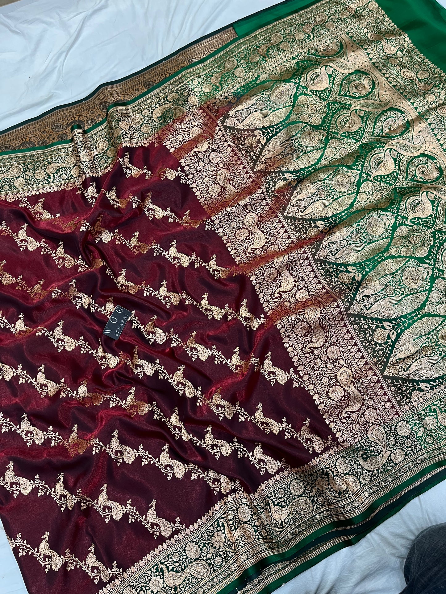 A Bridal Mehroon Banarasi Mayur Ada with Handwork