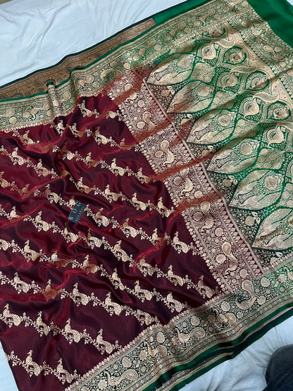 A Bridal Mehroon Banarasi Mayur Ada with Handwork