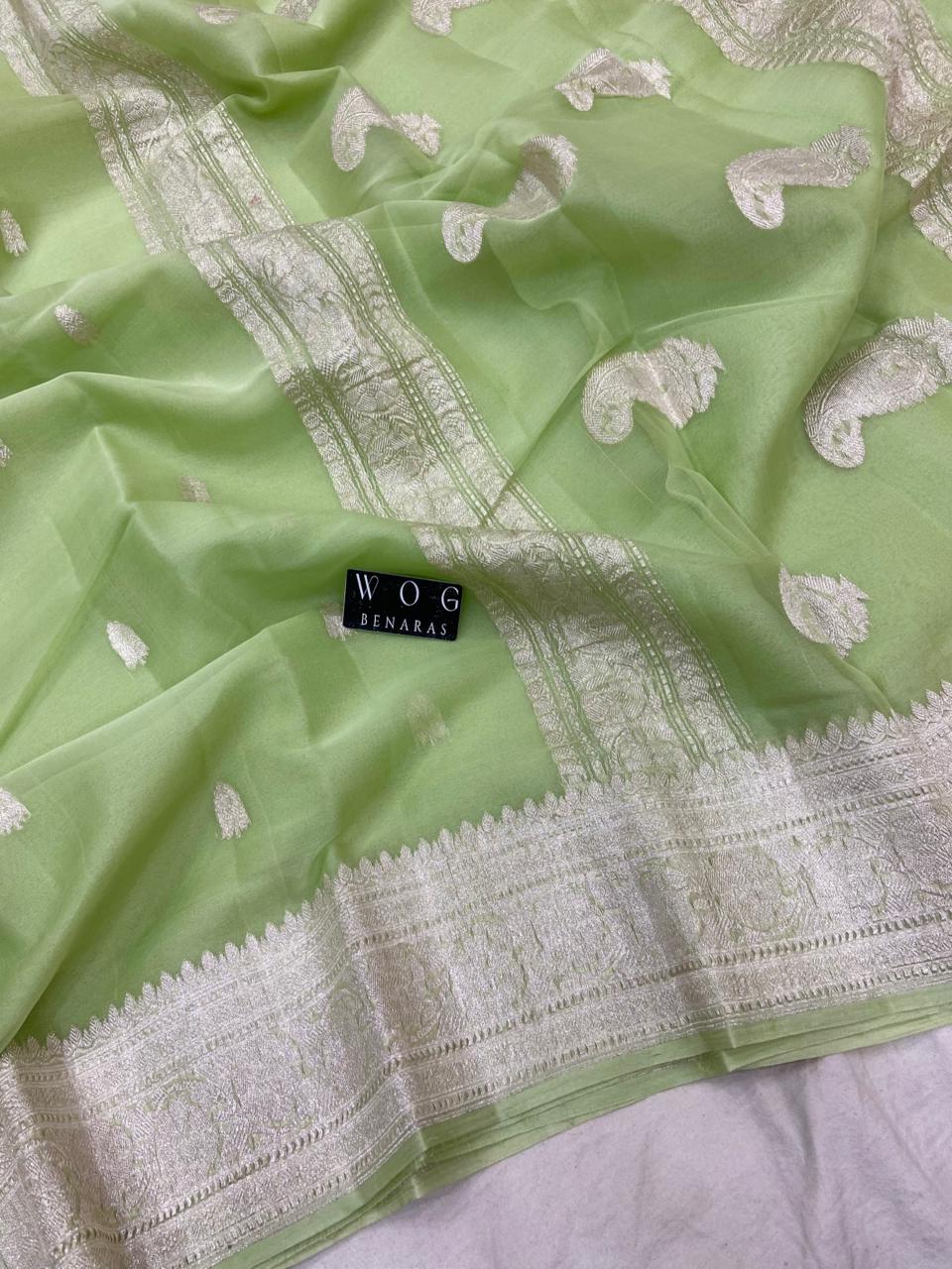 LIGHT PISTA HANDWOVEN KHADDI CHIFFON SAREE