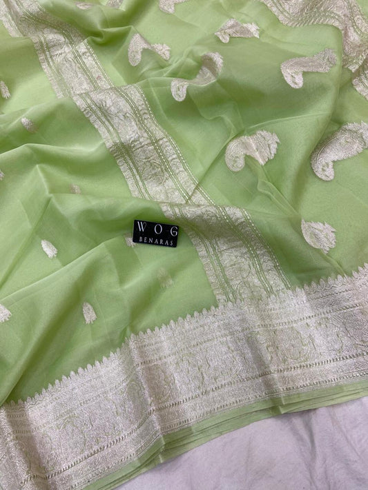 LIGHT PISTA HANDWOVEN KHADDI CHIFFON SAREE