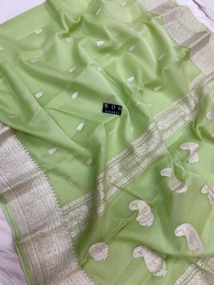 LIGHT PISTA HANDWOVEN KHADDI CHIFFON SAREE