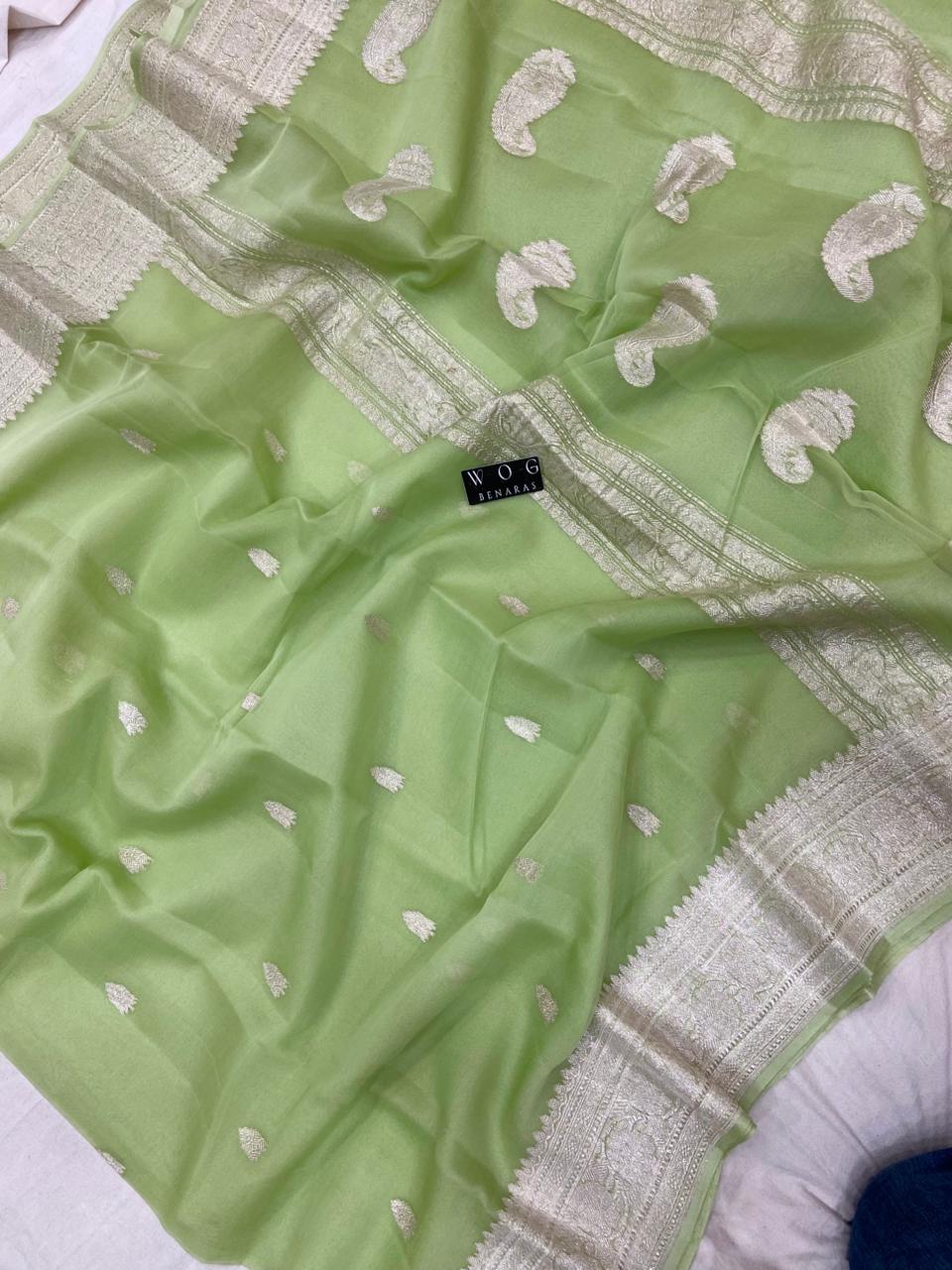 LIGHT PISTA HANDWOVEN KHADDI CHIFFON SAREE