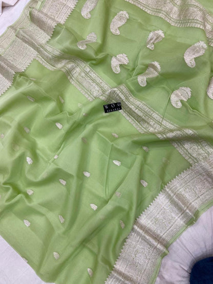 LIGHT PISTA HANDWOVEN KHADDI CHIFFON SAREE