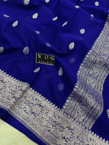 ROYAL BLUE PURE HANDWOVEN KHADDI CHIFFON SAREE