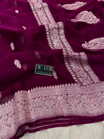 BURGUNDY PURE HANDWOVEN KHADDI CHIFFON SAREE
